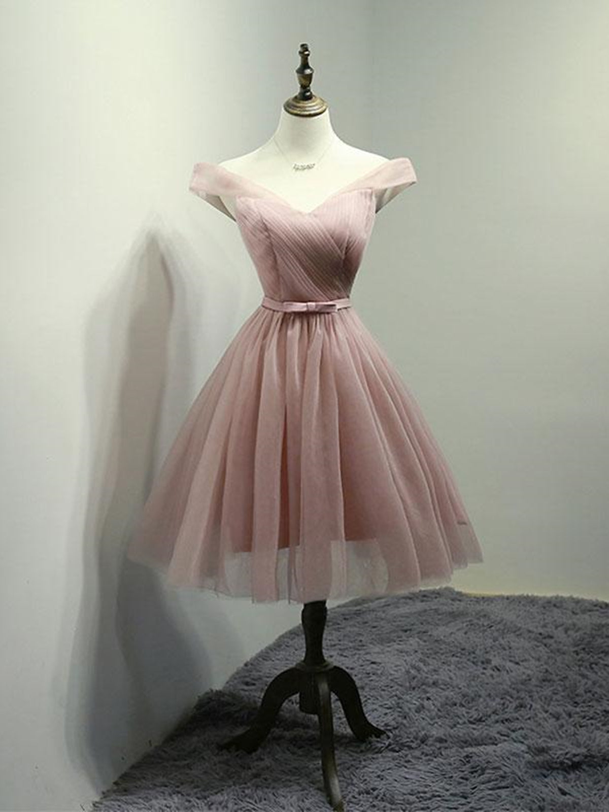 Formal Dresses For Sale, Off the Shoulder Short Pink Tulle Prom Dresses, Short Pink Formal Bridesmaid Dresses