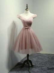 Formal Dresses For Sale, Off the Shoulder Short Pink Tulle Prom Dresses, Short Pink Formal Bridesmaid Dresses