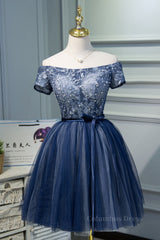 Prom Dresse Princess, Off the Shoulder Short Sleeves Navy Blue Tutu Party Dress