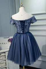 Prom Dresses Spring, Off the Shoulder Short Sleeves Navy Blue Tutu Party Dress