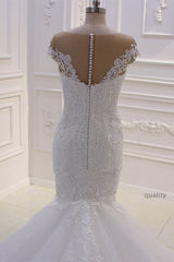 Wedding Dresses Sleeved, Off the Shoulder Sweetheart White Lace Appliques Tulle Mermaid Wedding Dress