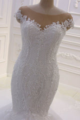 Wedding Dresses Sleeve, Off the Shoulder Sweetheart White Lace Appliques Tulle Mermaid Wedding Dress