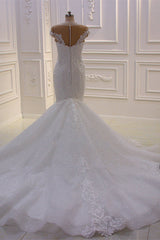 Wedding Dress Sleevs, Off the Shoulder Sweetheart White Lace Appliques Tulle Mermaid Wedding Dress