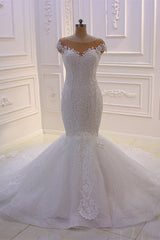 Wedding Dress Chic, Off the Shoulder Sweetheart White Lace Appliques Tulle Mermaid Wedding Dress