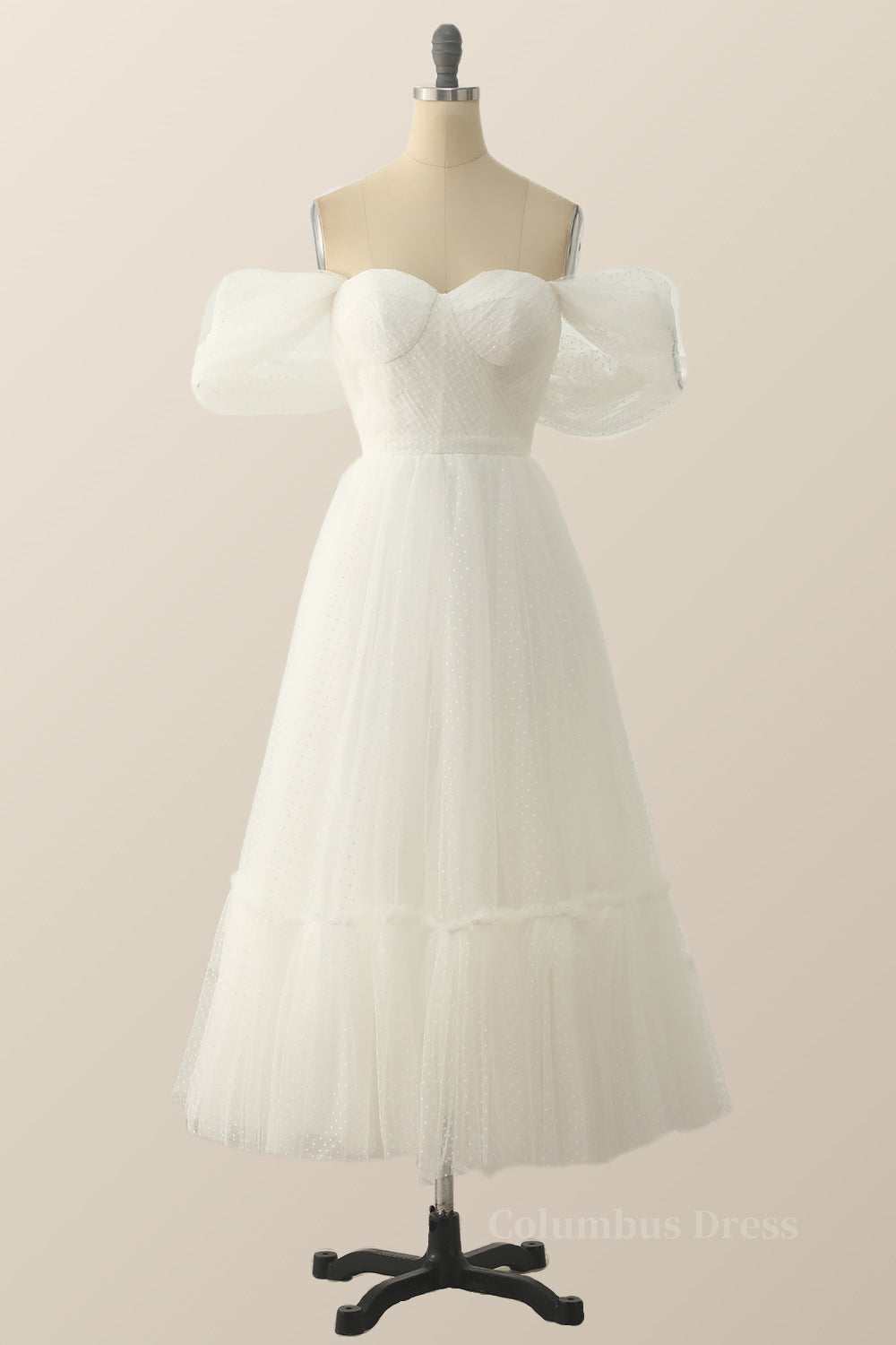Night Dress, Off the Shoulder White A-line Polk Dots Midi Dress