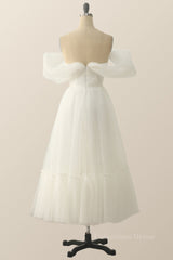 Black Formal Dress, Off the Shoulder White A-line Polk Dots Midi Dress