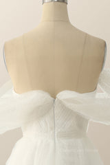 Slip Dress Outfit, Off the Shoulder White A-line Polk Dots Midi Dress
