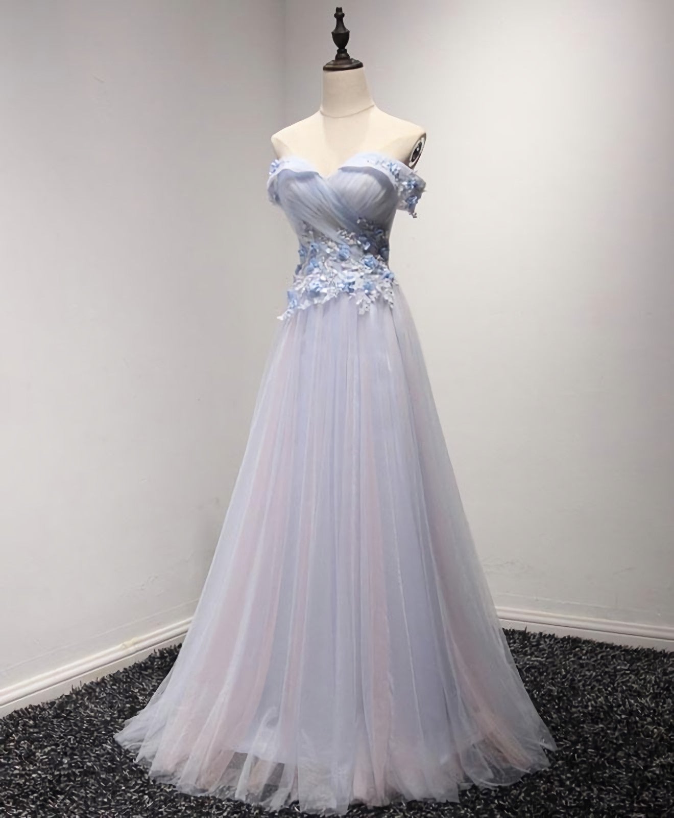 Evening Dresses Midi, Light Blue Tulle Lace Long Prom Dress, Lace Evening Dress