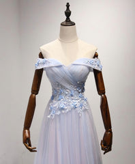Evening Dresses Long Sleeve, Light Blue Tulle Lace Long Prom Dress, Lace Evening Dress