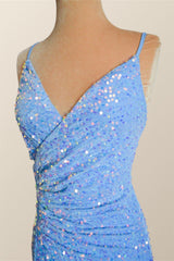 Prom Dresses For Warm Weather, Straps Blue Sequin Ruched Faux Wrap Dress