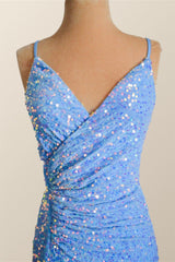 Prom Dresses 3 24 Sleeves, Straps Blue Sequin Ruched Faux Wrap Dress