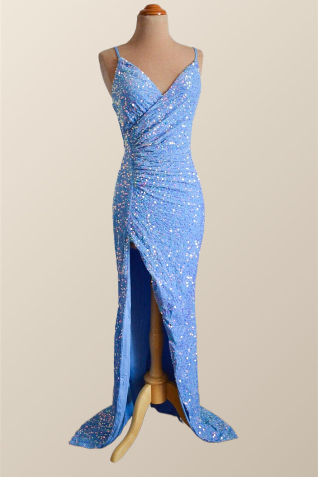 Prom Dress 3 24 Sleeves, Straps Blue Sequin Ruched Faux Wrap Dress