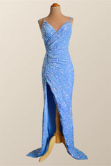 Prom Dresses 2033, Straps Blue Sequin Ruched Faux Wrap Dress