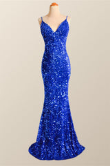 Prom Dressed Black, Sparkle Royal Blue Sequin Mermaid Prom Dress