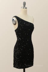 Bridesmaid Dresses Under 105, One Shoulder Black Sequin Bodycon Mini Dress