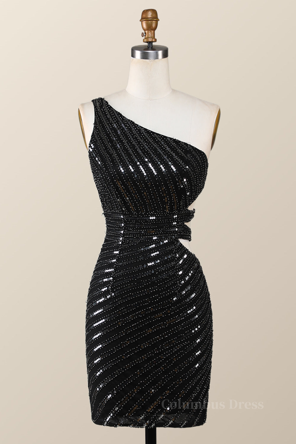 Dress Prom, One Shoulder Black Sequin Tight Mini Dress