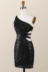Black Lace Dress, One Shoulder Black Sequin Tight Mini Dress