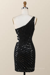 Black Tie Dress, One Shoulder Black Sequin Tight Mini Dress
