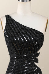 Classy Outfit Women, One Shoulder Black Sequin Tight Mini Dress