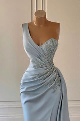 Party Dresses Jumpsuits, One shoulder blue prom dress in mermaid pleats