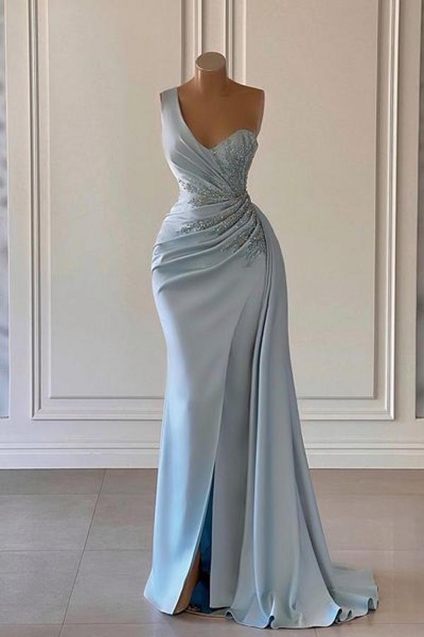 Prom Dress 2041, One shoulder blue prom dress in mermaid pleats