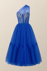 Evening Dresses, One Shoulder Blue Tulle Midi Dress