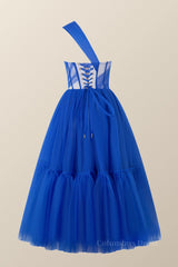 Evening Dresses Velvet, One Shoulder Blue Tulle Midi Dress