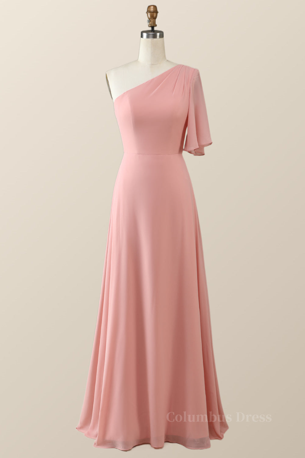 Prom Dresses Guide, One Shoulder Blush Pink Chiffon Long Bridesmaid Dress