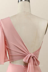 Prom Dress Ideas 2028, One Shoulder Blush Pink Chiffon Long Bridesmaid Dress