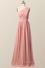 Party Dress Wedding, One Shoulder Blush Pink Pleated Long Bridesmaid Dress