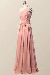 Party Dress Night, One Shoulder Blush Pink Pleated Long Bridesmaid Dress