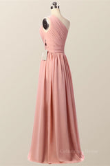Party Dress Design, One Shoulder Blush Pink Pleated Long Bridesmaid Dress
