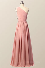 Party Dress Designs, One Shoulder Blush Pink Pleated Long Bridesmaid Dress