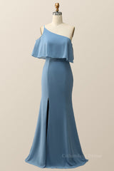 Prom Dress Ideas, One Shoulder Cold Sleeve Misty Blue Mermaid Long Bridesmaid Dress