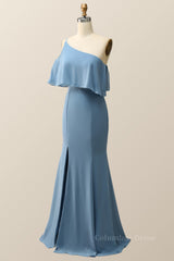 Prom Dresses Under 105, One Shoulder Cold Sleeve Misty Blue Mermaid Long Bridesmaid Dress