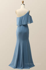 Prom Dress Under 105, One Shoulder Cold Sleeve Misty Blue Mermaid Long Bridesmaid Dress
