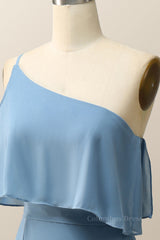 Prom Dresses Under 205, One Shoulder Cold Sleeve Misty Blue Mermaid Long Bridesmaid Dress