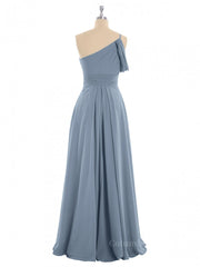 Mother Of The Bride Dress, One Shoulder Dusty Blue Chiffon A-line Long Bridesmaid Dress