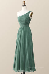 Formal Dresses 2028, One Shoulder Eucalyptus Chiffon Long Bridesmaid Dress