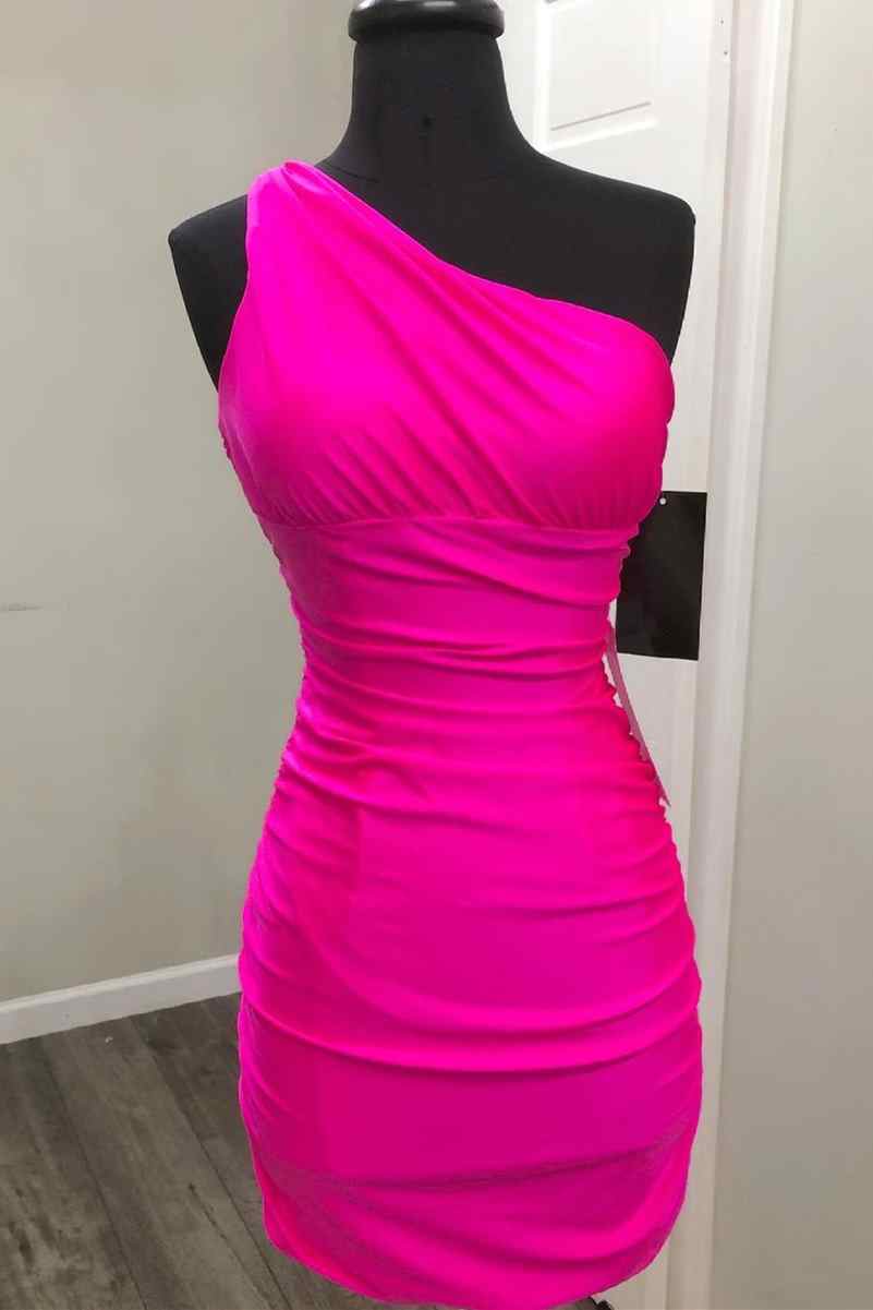 Prom Dresses Online, One Shoulder Hot Pink Short Homecoming Dress Night Dresses