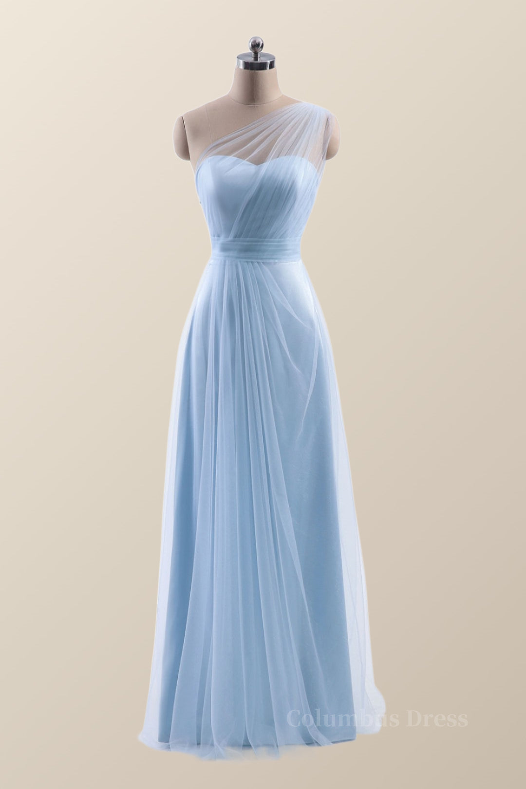 Party Dress Hair Style, One Shoulder Light Blue Tulle A-line Bridesmaid Dress