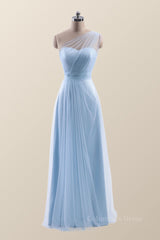 Party Dress Hair Style, One Shoulder Light Blue Tulle A-line Bridesmaid Dress