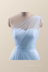 Party Dress Dress Up, One Shoulder Light Blue Tulle A-line Bridesmaid Dress