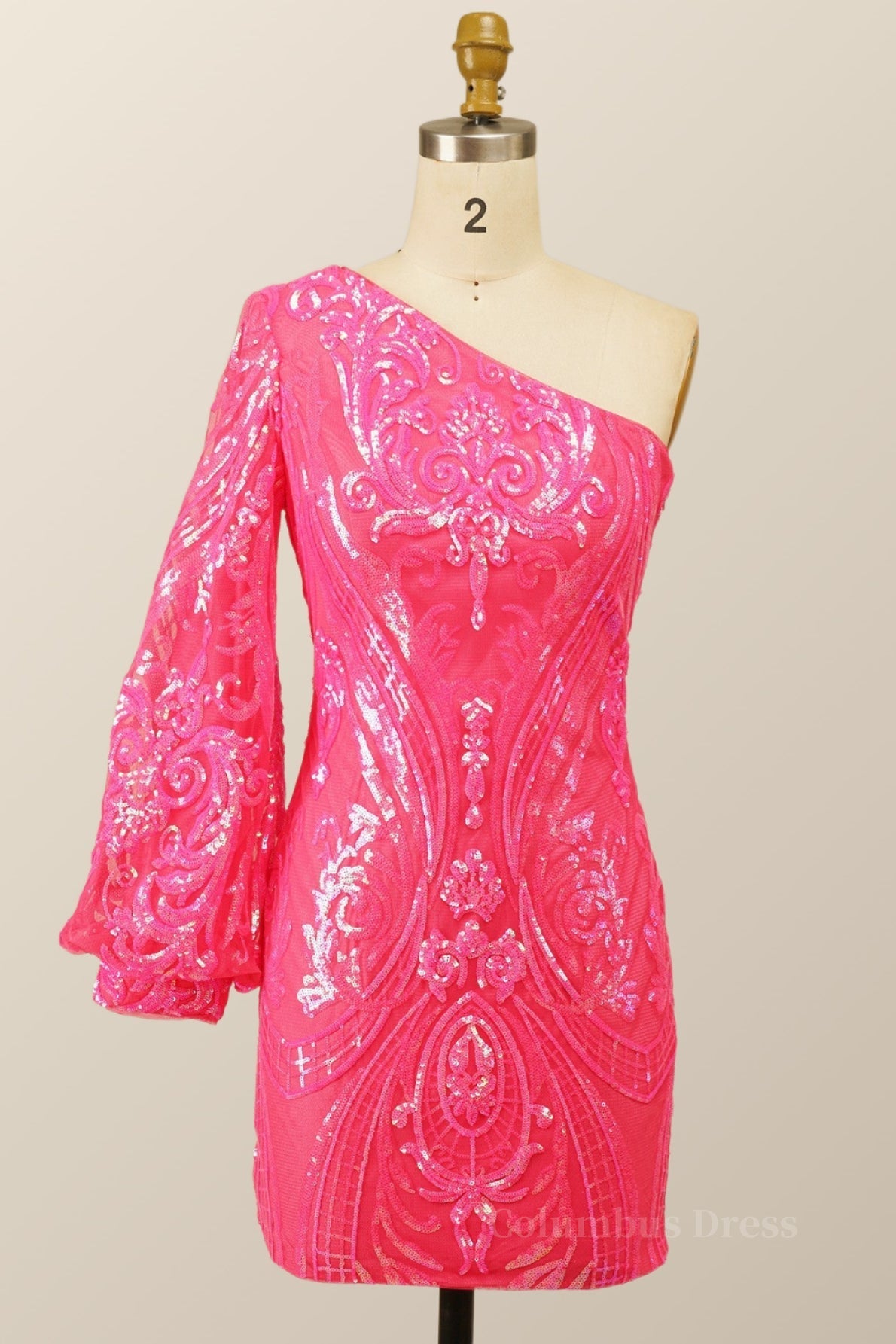 Mermaid Wedding Dress, One Shoulder Long Sleeve Hot Pink Tight Mini Dress