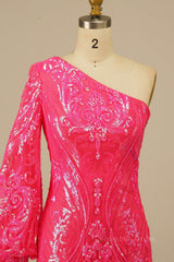 Spring Wedding, One Shoulder Long Sleeve Hot Pink Tight Mini Dress