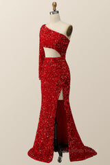 Summer Wedding Guest Dress, One Shoulder Long Sleeve Red Sequin Mermaid Party Dress