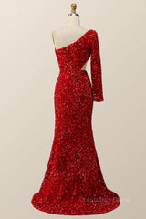 Prom Dress Black, One Shoulder Long Sleeve Red Sequin Mermaid Party Dress