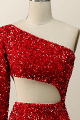 Open Back Prom Dress, One Shoulder Long Sleeve Red Sequin Mermaid Party Dress