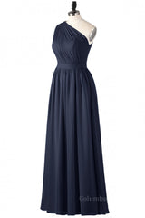 Braids, One Shoulder Navy Blue Pleated Long Bridesmaid Dress