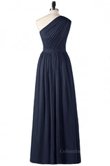 Bridesmaid Dresses Strapless, One Shoulder Navy Blue Pleated Long Bridesmaid Dress